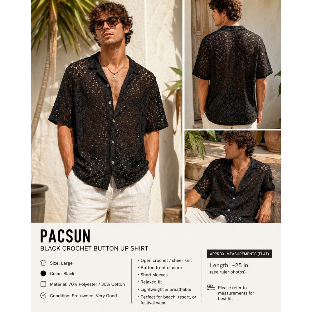 PacSun Black Crochet Lace Button Up Shirt Mens Large Sheer Beach Resort Boho